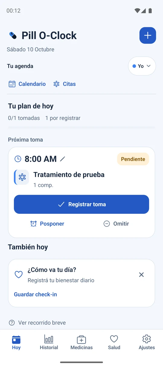 Pill O-Clock: agenda de medicamentos y próximas tomas